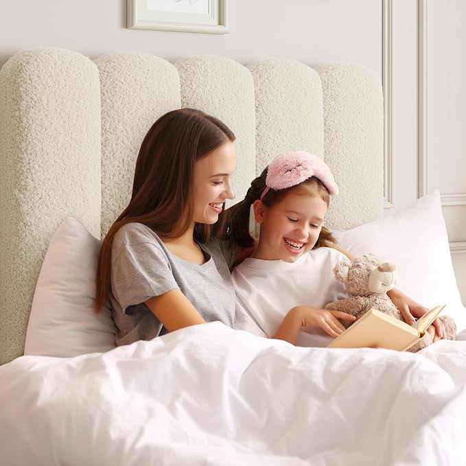 GarveeHome Twin Bed Frame with Under-Bed Drawer, Upholstered Platform Bed with Wave Headboard for Kids/Girls, Wooden Slats Support, No Box Spring Needed, Boucle Beige, 2 Sets