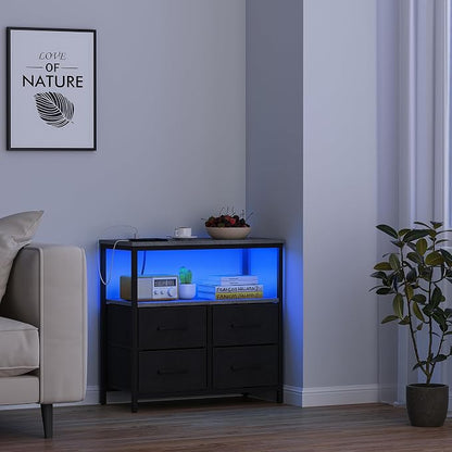TUTOTAK LED Night Stand with Charging Station, Large Nightstand with USB and Type-C Port, Bedside Table with Cloth Drawers, End Table for Livingroom, Bedroom, Charcoal Grey TB01BY081L