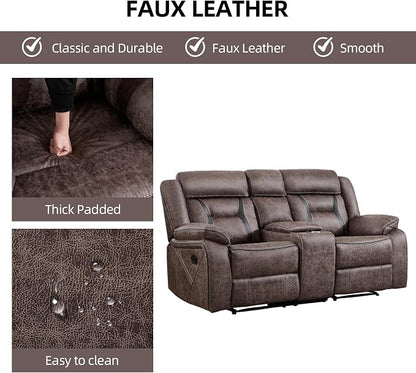 EBELLO Manual Recliner Sofa Set, Faux Leather Reclining Living Room Furniture Set, Included Single Recliner Chair and Manual Loveseat Sofa, Grey