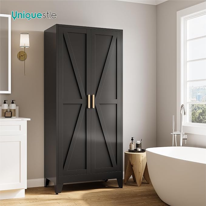71" Tall Metal Armoire Wardrobe Closet with Hanging Rod and 3 Adjustable Shelves,Black Storage Cabinet,Steel Wardrobe for Bedroom Garage Laundry Room Office Apartment,6 Tier 1 Pack