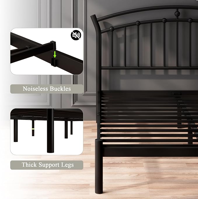 Feonase Full Black Bed Frame, Heavy-Duty Metal Bed Frame with 13 Hardened Steel Slats, 12" Under-Bed Storage, Noise-Free, Easy Assembly