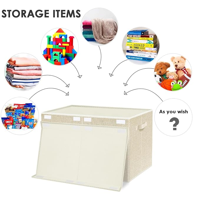 Large Toy Box Chest Storage with Lid - Collapsible Kids Toys Boxes Organizer Bins Baskets with Handles for Boys, Girls, Nursery, Playroom, Clothes, Blanket, Bedroom(Beige)
