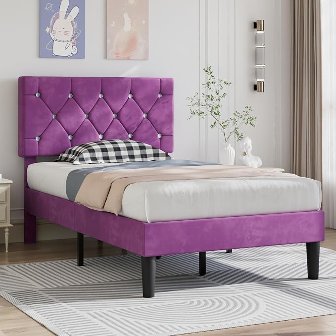 VECELO Twin Size Bed Frame with Diamond Tufted Headboard, Upholstered Platform Bedframe with Wood Slat Support, No Box Spring Needed, Velvet & Purple