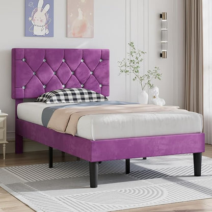 VECELO Twin Size Bed Frame with Diamond Tufted Headboard, Upholstered Platform Bedframe with Wood Slat Support, No Box Spring Needed, Velvet & Purple