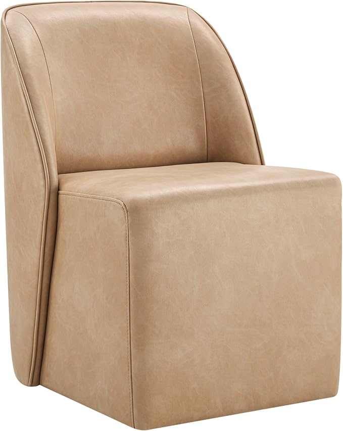 Watson & Whitely Leather Rolling Dining Chairs with Casters, Set of 2, Tan | Upholstered Seat, Removable Rollers, Modern Style, Armless Chairs for Dining Room, Living Room, Bedroom