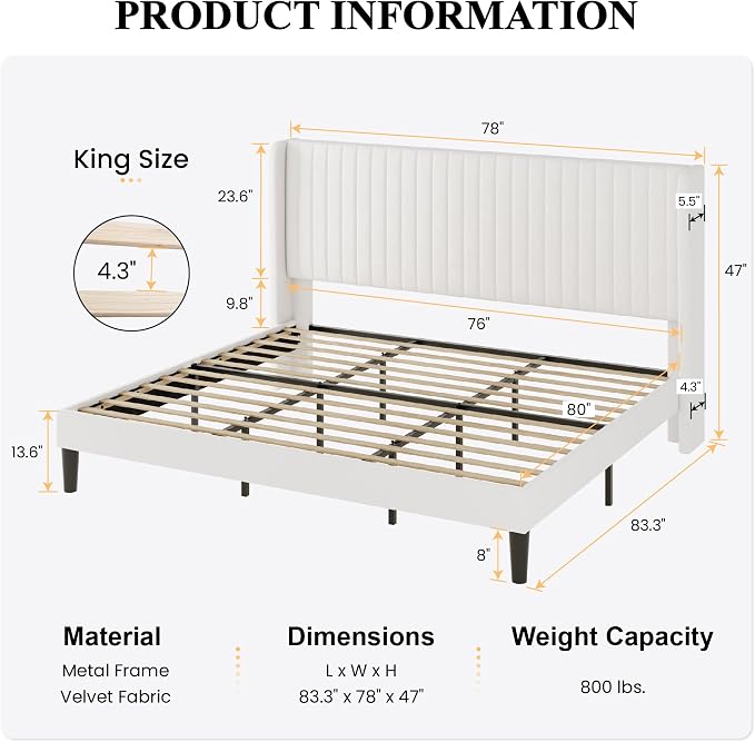 SHA CERLIN King Size Velvet Bed Frame with Vertical Channel Tufted Wingback Headboard, Upholstered Platform Bed with Wood Slats, No Box Spring Needed, Easy Assembly, White