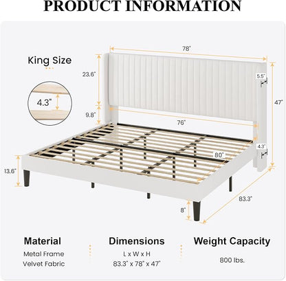 SHA CERLIN King Size Velvet Bed Frame with Vertical Channel Tufted Wingback Headboard, Upholstered Platform Bed with Wood Slats, No Box Spring Needed, Easy Assembly, White
