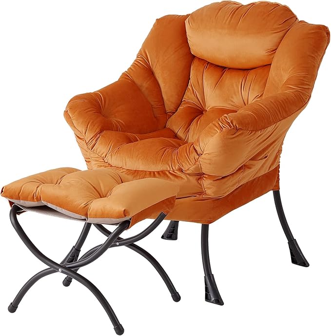 Welnow Orange Lazy Chair with Ottoman, Modern Accent Chair with Armrests and a Side Pocket, Leisure Sofa Armchair, Reading Armchair with Footrest for Small Space, Corner Chair