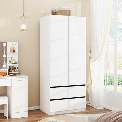 Armoire Wardrobe Closet with Drawers：75" Large White Wardrobe Closet Cabinet with 2 Doors for Hanging Clothes, Modern Wooden Bedroom Armoires with 2 Drawers and Storage (A-Style, 31.5")