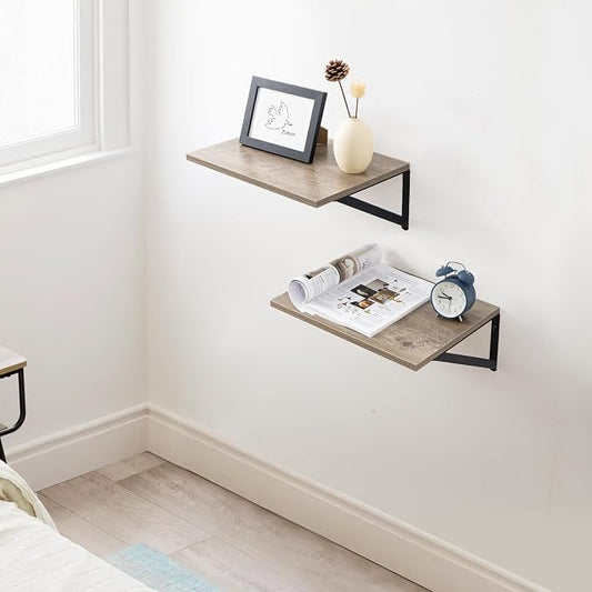 Axeman Deep Floating Shelves for Wall, 12 Inch Deep Floating Shelves Set of 2, 16W x 12D Rustic Grey Wood Large Wall Mounted Shelves for Living Room Kitchen Bathroom Bedroom - Grey