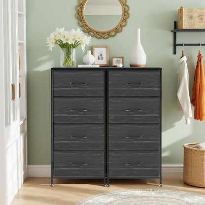 4 Drawers Dresser for Bedroom, Fabric Storage Tower Organizer with Wooden Top and Steel Frame, Tall Chest of Drawers for Closet, Entryway, Dorm, Charcoal Black