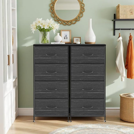 4 Drawers Dresser for Bedroom, Fabric Storage Tower Organizer with Wooden Top and Steel Frame, Tall Chest of Drawers for Closet, Entryway, Dorm, Charcoal Black