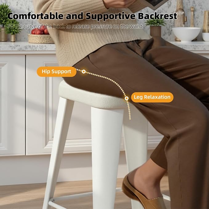 Bar Stools Set of 4, 26" Counter Height Bar Stools Backless, Upholstered Bar Stools with Metal Legs for Kitchen Island, Study Room, Cafe, White