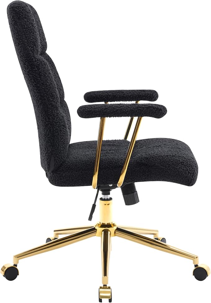 Techni Mobili Boucle Office Chair, Adjustable Desk Chair, Black & Gold | Black boucle office chair, gold base, padded seat, height adjustable, modern desk chair, textured fabric, swivel, ergonomic