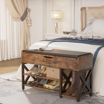 Shoe Bench, Lift Top Shoe Storage Bench, Adjustable Shelf Entryway Bench, Metal and Wood Shoe Rack Organizer with Cushion for Entry, Closet, Living Room, Bedroom, Hallway (Brown, 39.5“W)