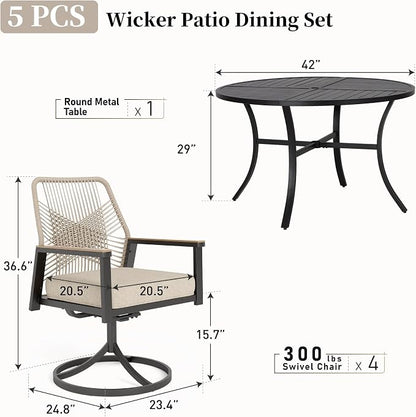 Patio Dining Set 5 Piece, 4 x Woven Rattan Swivel Chairs with Waterproof Cushion, 42” Metal Round Dining Table with Umbrella Hole, Outdoor Table and Chairs Set for Backyard Lawn and Deck, Beige