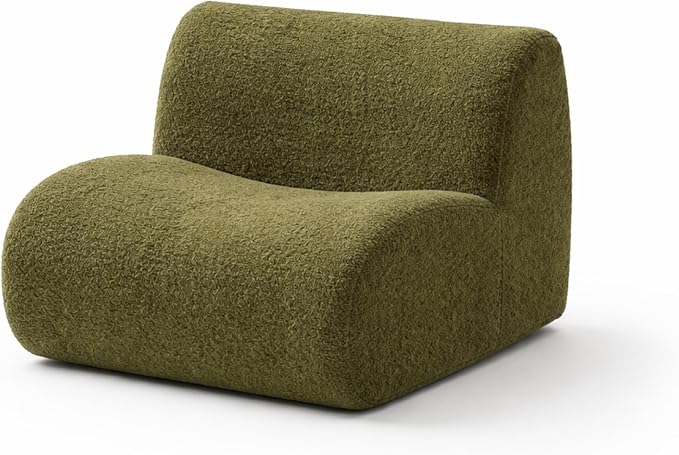 34" Curved Single Sofa Chair, Foam Boneless Sherpa Couch with Deep Seat, Comfy Teddy Sofas for Living Room, Bedroom, Apartment, Modern Sectional Modular Couches – No Assembly, Green