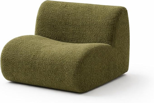 34" Curved Single Sofa Chair, Foam Boneless Sherpa Couch with Deep Seat, Comfy Teddy Sofas for Living Room, Bedroom, Apartment, Modern Sectional Modular Couches – No Assembly, Green