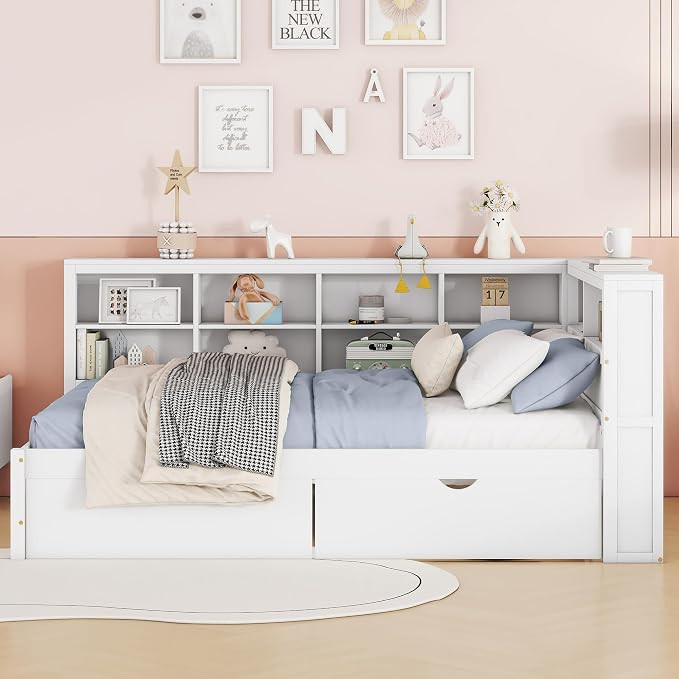 Bellemave Full Corner Bed Frame, Wood Full Size Daybed with L-Shaped Bookcase and 2 Drawers，Daybed with Storage Cabinets, White