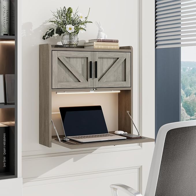 ARTETHYS Wall Mounted Desk Folding with Light Drop Down Hanging Desk,Gray | 3 Color Adjustable Light, Fold Down Computer Desk, Writing Workstation with Storage Compartment, Space Saving for Home Office