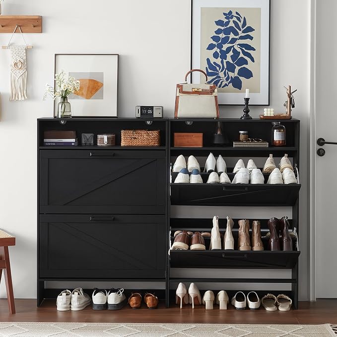 RWYHG Shoe Cabinet Storage for Entryway with 2 Flip Drawers Open Storage Layer Rack Narrow Organizer Slim Hidden Wood Shoe Cabinet Furniture Black