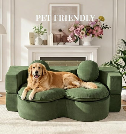 75” Full Size Convertible Sleeper Sofa Bed, Boneless Folding Futon Loveseat Sofa with 2 Pillows, High Density Foam Compressed Foldable Guest Couch for Living Room Apartment (Green Corduroy)