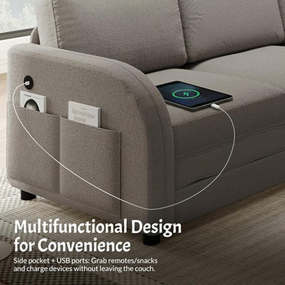 85.1" L-Shaped Pull Out Sofa Bed – Oversize Convertible Sleeper Couch with USB Ports & Side Storage, Teddy Upholstered Sectional for Living Room & Bedroom, Light Grey