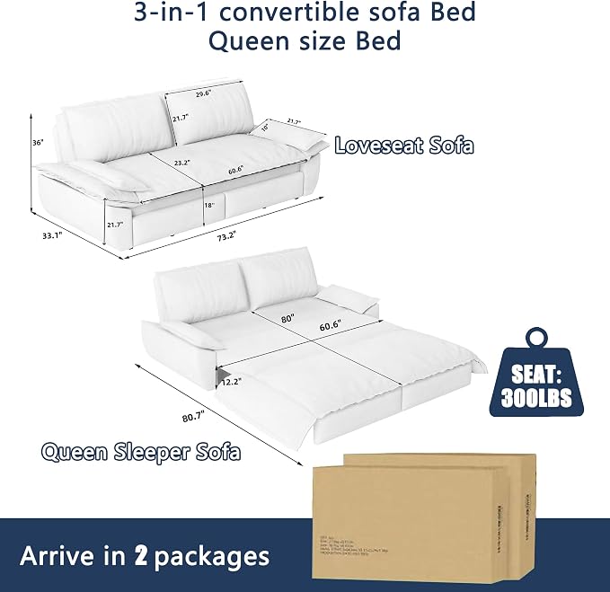 73.2" Sofa Bed Queen Size, Pull Out Couch Bed, 3-in-1 Convertible Sleeper Sofa with Cushion Armrest, Modern Corduroy Futon Couch for Living Room, Small Space, Apartment, Bedroom, Dark Blue