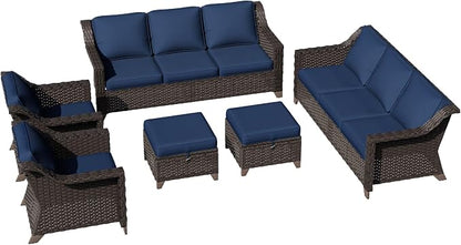 6 Pieces Patio Conversation Furniture Set - 2 Sofas, 2 Armchairs, 2 Ottomans, Outdoor Wicker Furniture with Removable Cushions for Porch, Balcony, Sunroom (Blue)