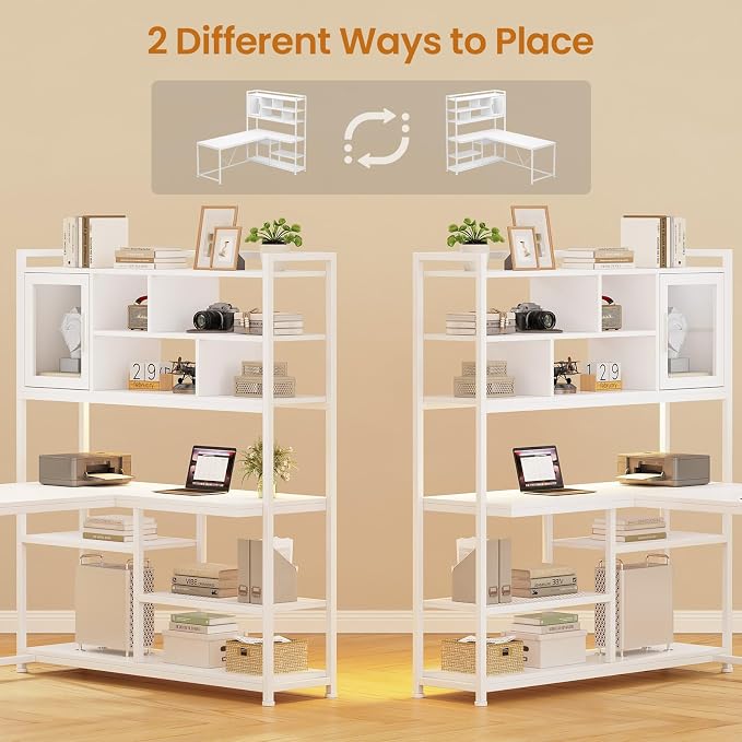 SEDETA L Shaped Computer Desk, 58'' Office Desk with LED Light and Bookshelf, L Shaped Corner Desk with Storage Shelves for Home Office, Gaming Desk, L Desk, White