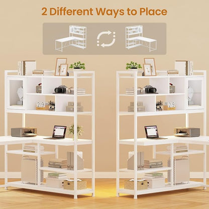 SEDETA L Shaped Computer Desk, 58'' Office Desk with LED Light and Bookshelf, L Shaped Corner Desk with Storage Shelves for Home Office, Gaming Desk, L Desk, White