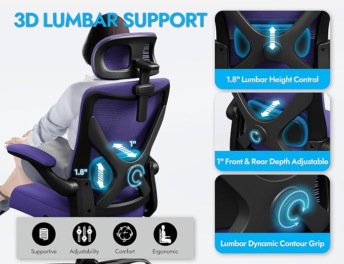 Office Chair - Ergonomic Office Chair with Back Support, Ergonomic Computer Chair - Home Office Desk Chairs, 330lbs Wide Seat Big and Tall Office Chairs with Headrest, Comfy Desk Chairs (Purple)