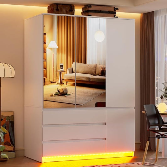 PAKASEPT 3 Doors Armoire Wardrobe Closet, 72.83" H Bedroom Armoires | Clothing Storage Cabinet with Mirror & Lights, 3 Drawers, Hanging Rod & Shelves for Bedroom