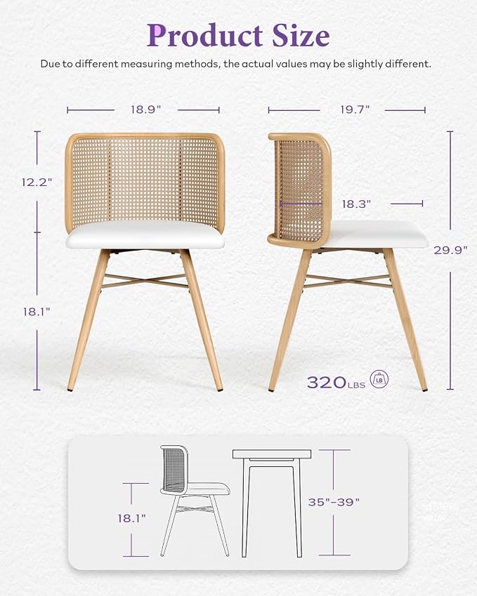 TYBOATLE Farmhouse Rattan Dining Chairs Set of 4 (Cream White) | Boho, Natural Cane Woven Back, Faux Leather Seat, Metal Legs, Upholstered, Kitchen, Dining Room