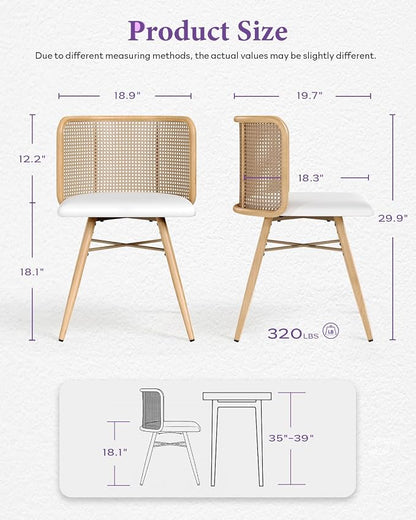 TYBOATLE Farmhouse Rattan Dining Chairs Set of 4 (Cream White) | Boho, Natural Cane Woven Back, Faux Leather Seat, Metal Legs, Upholstered, Kitchen, Dining Room