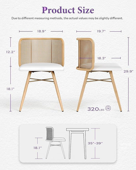 TYBOATLE Farmhouse Rattan Dining Chairs Set of 6 (Cream White) | Boho, Natural Cane Woven Back, Faux Leather Seat, Metal Legs, Upholstered, Kitchen, Dining Room