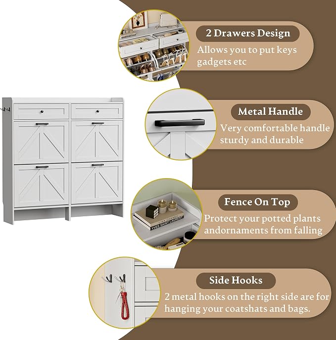 BORNOON Shoe Storage Cabinet for Entryway, Farmhouse Wide Shoe Cabinet with 4 Flip Drawers and 2 Top Drawers, Freestanding Organizer with Adjustable Shelves, Hooks, and Anti-Tip Kit for Hallway