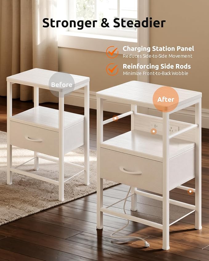 Lazzanto Nightstands Set of 2 with Charger Station, White Night Stand | Open Shelf | Hooks | USB-C USB-A Ports AC Outlets | Fabric Drawer | Bedroom | Living Room | Dorm