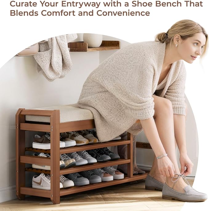 39.4" Bamboo Shoe Bench with Cushion, 3-Tier Adjustable Storage Bench for Entryway, Heavy Duty Shoe Rack Organizer with Removable Soft Cushion for Living Room Bedroom Hallway