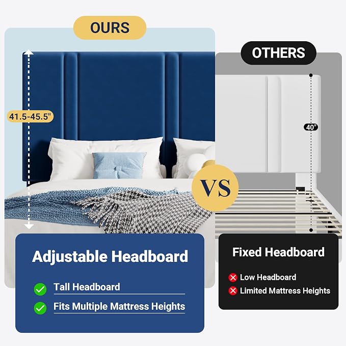 Allewie King Size Platform Bed Frame with Adjustable Headboard, Plush Velvet Upholstered, Vertical Channel Tufted, Sturdy Wooden Slats, No Box Spring Needed, Easy Assembly, Blue