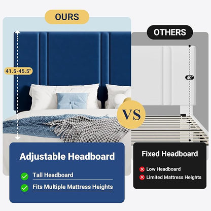 Allewie King Size Platform Bed Frame with Adjustable Headboard, Plush Velvet Upholstered, Vertical Channel Tufted, Sturdy Wooden Slats, No Box Spring Needed, Easy Assembly, Blue