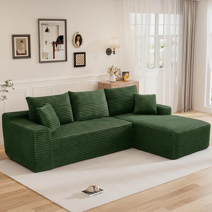 108" L Shaped Cloud Boneless Sectional Couches for Living Room, Modern Comfy Modular Deep Seat Memory Foam Compressed Corduroy Sofa Oversized Right Facing Chaise, No Assembly Required, Green