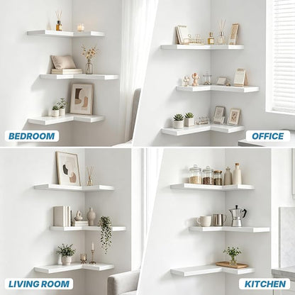 NATURE'S SOURCE Floating Corner Shelves with Invisible Brackets Set of 3, Corner Shelves Wall Mounted, for Home Bedroom Bathroom Kitchen Living Room Office- 16.1" x 11.5" (Pure White)
