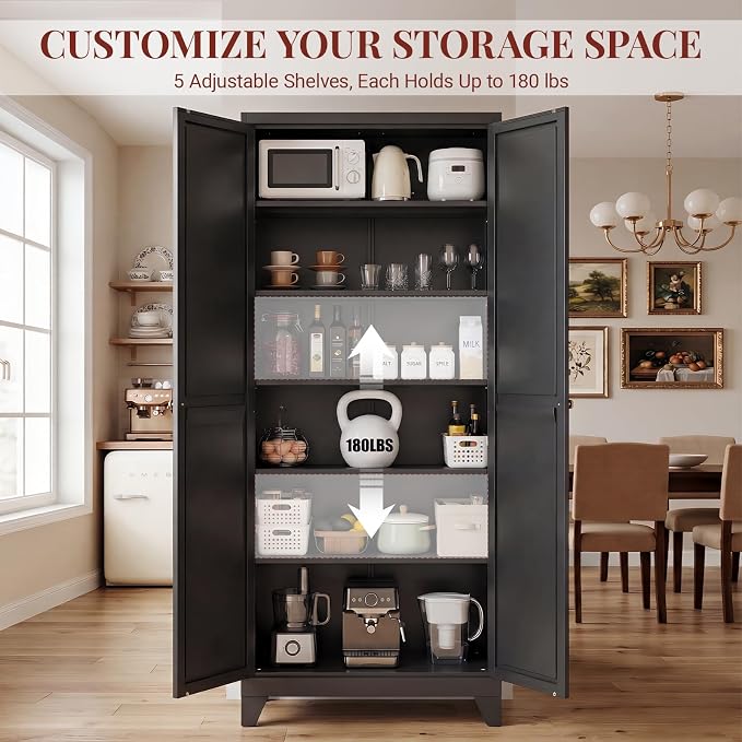 75" Metal Kitchen Pantry Cabinet with Dual Handles & Adjustable Legs, Freestanding Storage Cabinet with Doors and 5 Adjustable Shelves, Tall Food Pantry for Kitchen Dining Room, Black
