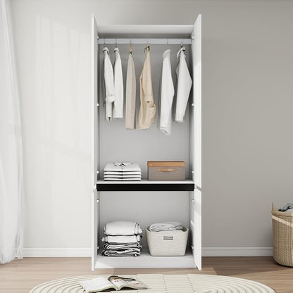 Bedroom Armoire Wardrobe Closet with 2 Doors: 75" White Wardrobe Cabinet for Clothes, Wooden Closet with Hanging Rod, Modern Armoire with Shelves (1)
