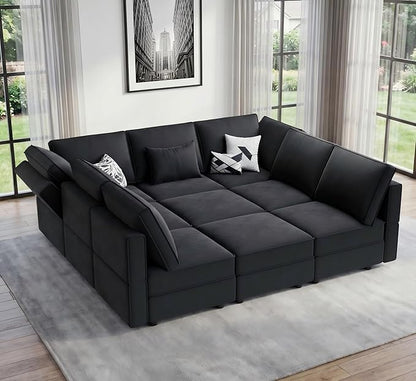 Vesgantti Modular Sectional Sofa Bed with Storage, 92" Sleeper Sofas with 9 Seats Storage Chaises Removable Cover, Luxury Large Velvet Sectional Couch for Living Room, Apartment, Home Theater, Black