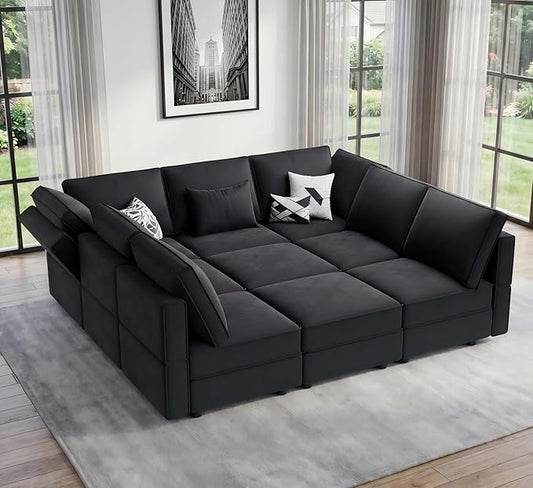 Vesgantti Modular Sectional Sofa Bed with Storage, 92" Sleeper Sofas with 9 Seats Storage Chaises Removable Cover, Luxury Large Velvet Sectional Couch for Living Room, Apartment, Home Theater, Black