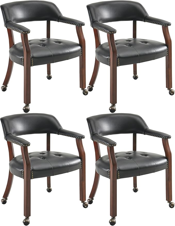 LEEMTORIG Set of 4 Large Dining Chairs with Casters and Arms, Rolling Dining Chairs with Wheels, Accent Game Table Chairs, 26“Dx25.2 Wx31.5“H, Cherry Legs & Black SY-1533-BK