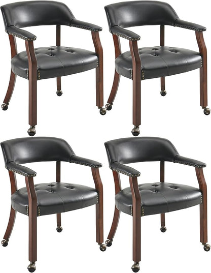 LEEMTORIG Set of 4 Large Dining Chairs with Casters and Arms, Rolling Dining Chairs with Wheels, Accent Game Table Chairs, 26“Dx25.2 Wx31.5“H, Cherry Legs & Black SY-1533-BK