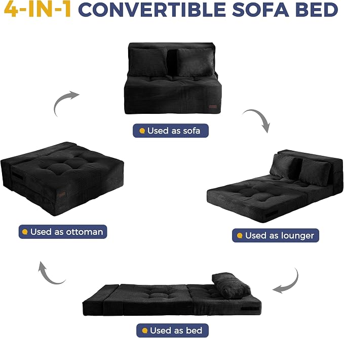MAXYOYO Convertible Sofa Bed, Fold Out Loveseat Sofa Couch with Pillow, 4 in 1 Tufted Folding Couch Bed Foam Floor Couch, Lazy Chair for Living Room Bedroom Guest Room, Black